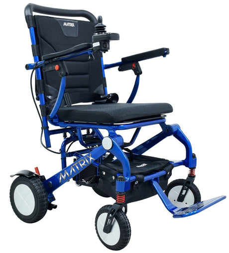 Lightweight foldable wheelchair with joystick controls, designed for users needing portable mobility solutions.