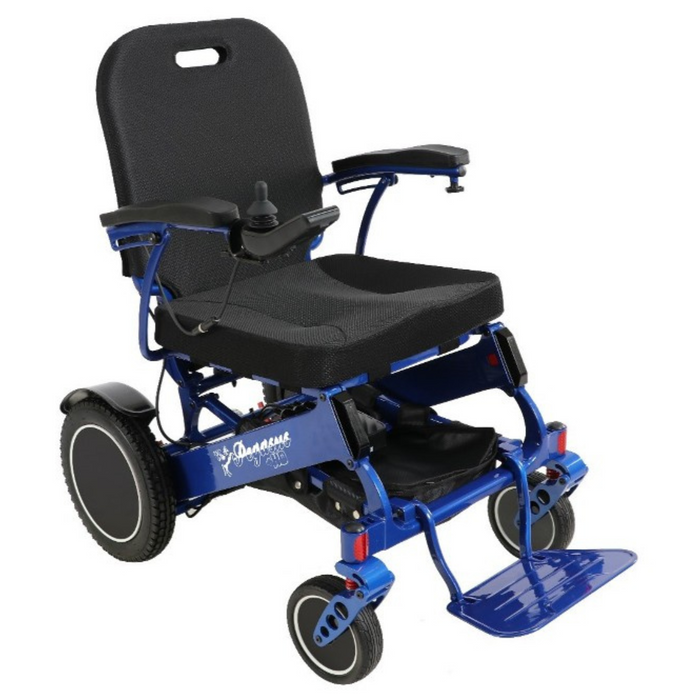 Heavy-duty blue electric foldable wheelchair with reinforced frame, padded seat, and joystick controls for all-terrain mobility
