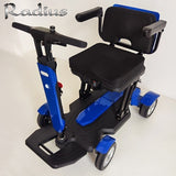 Radius blue mobility scooter with padded seat, foldable armrests, ergonomic handlebar, and durable wheels for easy transport.