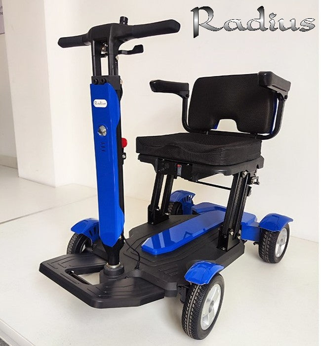 Radius mobility scooter in blue with cushioned seat, foldable armrests, ergonomic handles, and sturdy wheels for easy mobility.