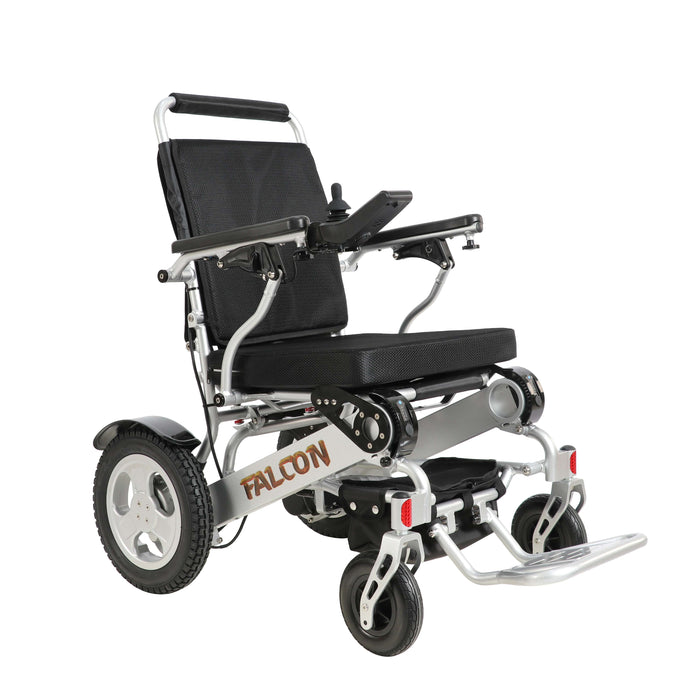 Silver electric wheelchair with cushioned seat, ergonomic backrest, and joystick for smooth indoor and outdoor mobility