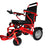 A vibrant red Electra 7 HD wheelchair is shown in its unfolded and ready-to-use state. The wheelchair features a sturdy frame, ergonomic seating, and a joystick control system for easy navigation. The robust wheels and supportive design highlight its durability and comfort, making it ideal for both indoor and outdoor use.