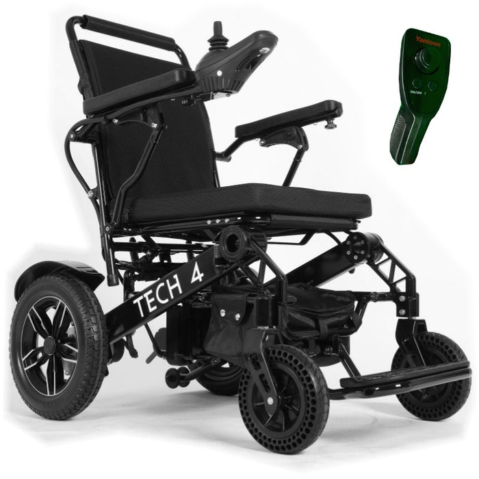 Black electric wheelchair with cushioned seat, ergonomic backrest, joystick, and remote controllable for smooth indoor/outdoor mobility.