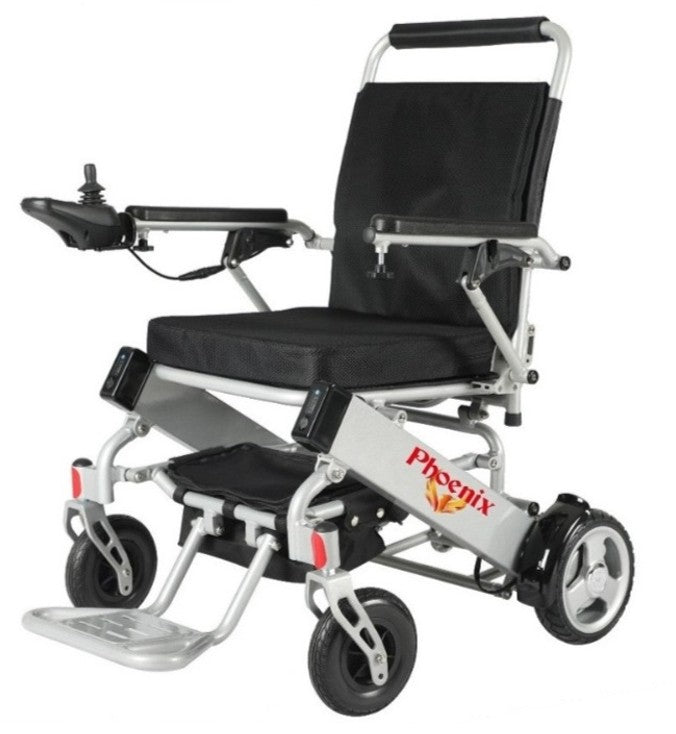 Silver electric wheelchair with cushioned seat, ergonomic backrest, and joystick for smooth indoor and outdoor mobility